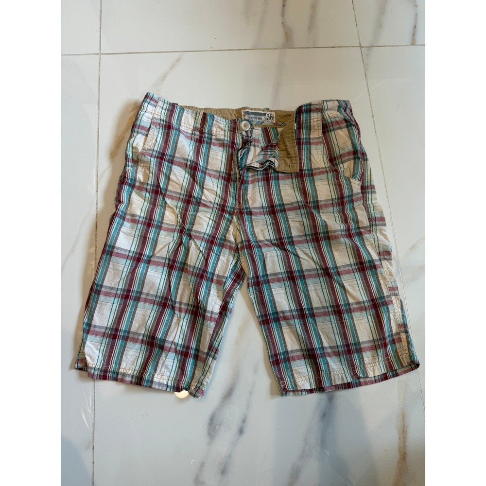 Twenty One Men Plaid Shorts Mens 36 Multicolor Teal Burgundy‎ Casual Flat Front